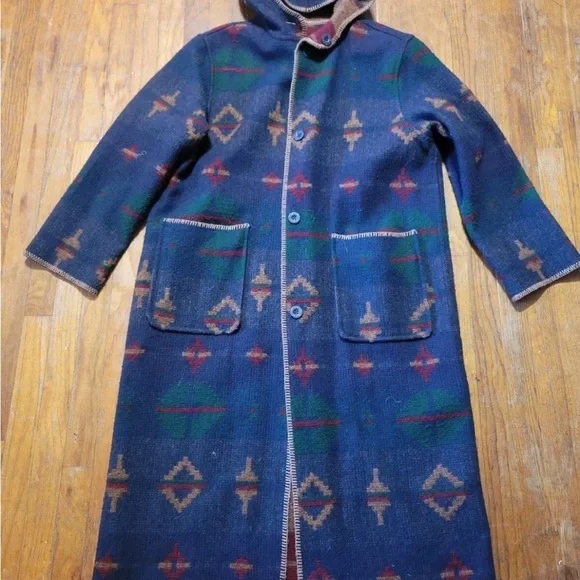 Southwestern Tan Blue Aztec Wool DUSTER Hooded Blanket Coat REVERSIBLE Button Up